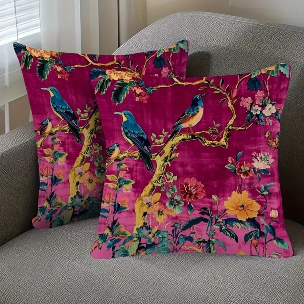 🐎NEW! Vibrant Bird & Floral Chinoiserie Throw Pillow Covers 18x18 - Picture 2 of 5